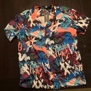 Mens Abstract Graffiti Casual Holiday Short Sleeve Lapel Collar Shirt